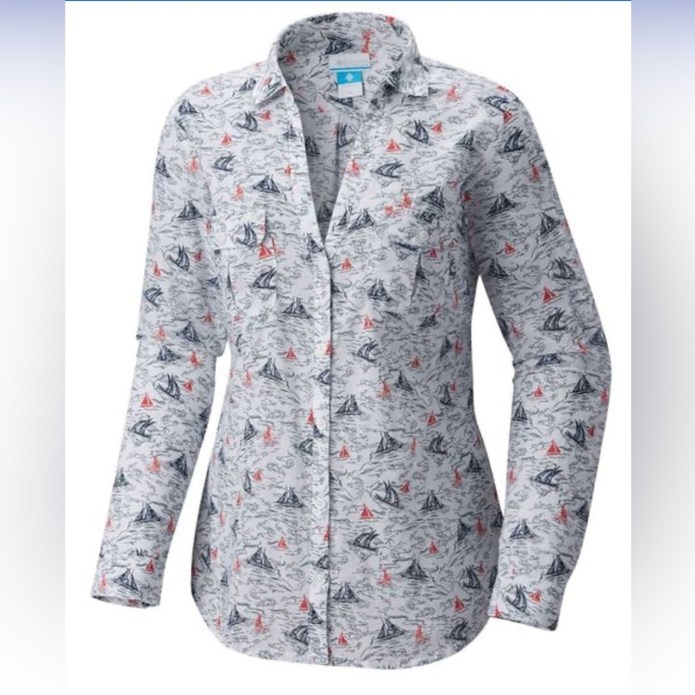 Columbia Women's Button Down Shirt - White with Red and Blue Print